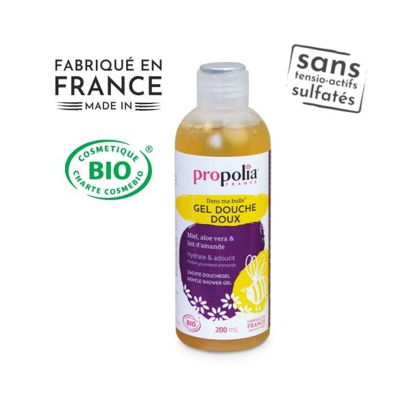 PROPOLIA - Bio - Gel douche Doux Miel / Lait damande / Aloe vera / Eau florale doranger - Hydrate et Adoucit - Enfants et A