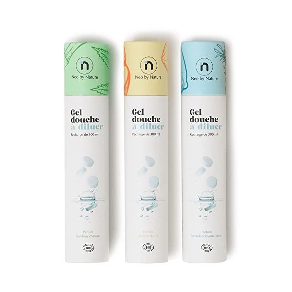 Neo by Nature - 3 recharges gel douche bio & rechargeable - Homme Femme - 300ml - 0% de plastique 1 parfum de chaque : Amand