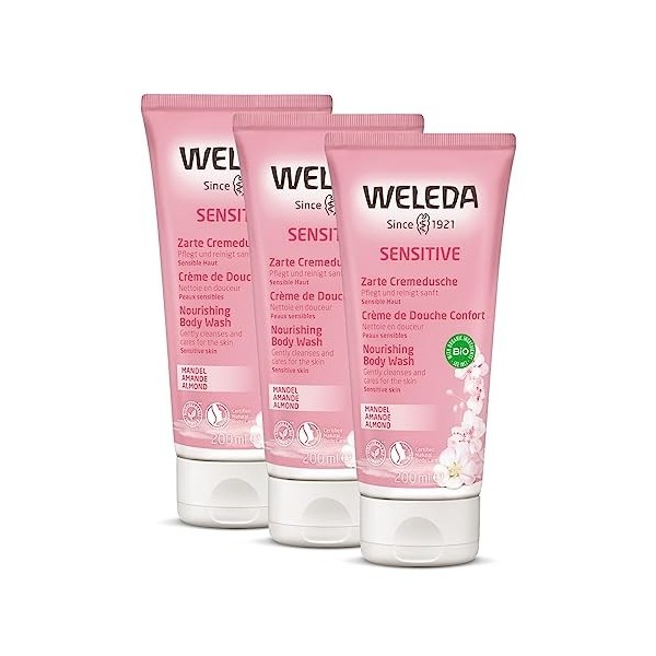 WELEDA - Trio Crème de Douche Confort à lAmande - Nettoie en douceur - Vegan* - Certifié Natrue** - Tube 200 ml x 3