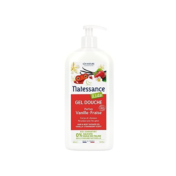 Natessance - Gel Douche Corps Et Cheveux Kids - Vanille-Fraise - Certifié Bio Cosmos Organic - Flacon 100% végétal - 500 ml