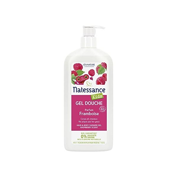 Natessance - Gel Douche Corps Et Cheveux Kids - Framboise - Certifié Bio Cosmos Organic - Flacon 100% végétal - 500 ml