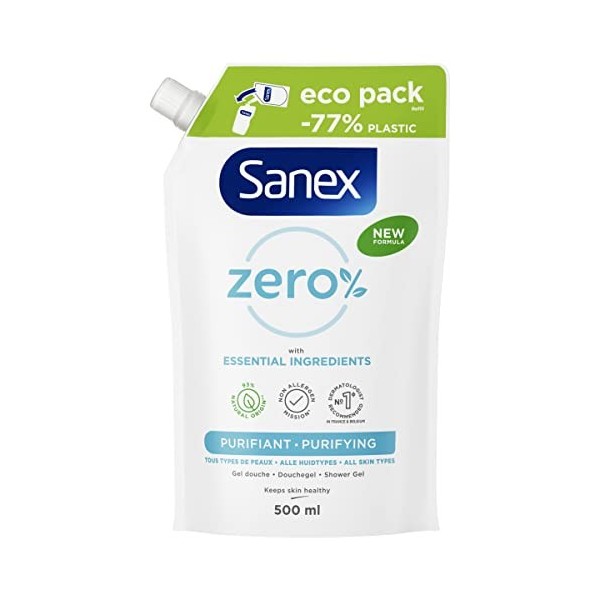 SANEX - Gel douche Zéro % Purifiant - Tous Types de Peau - Eco-Recharge Gel Douche - 500 ml