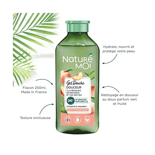 Naturé Moi - Gel Douche Douceur - Hydrate et Nourrit - Tous Types de Peaux - Pêche et Thé Vert Bio - 96% dOrigine Naturelle 