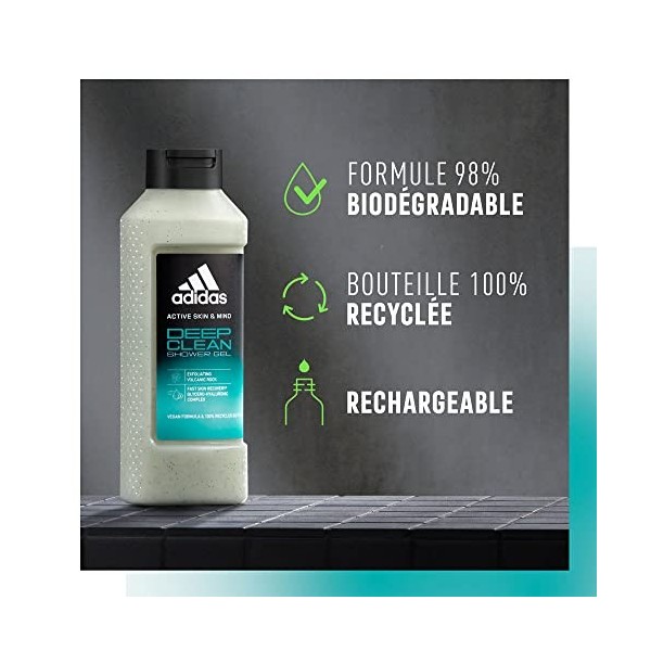 Adidas - Active Skin & Mind - Gel Douche Deep Clean Homme - Formule biodégradable 98%, clean & Vegan et Flacon recyclé - 250 