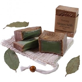 TUMELO Savon dAlep Original 4 x 200g 800g 80% dhuile dolive 20% dhuile de baies de laurier + Sac de Salvon - Savon natu