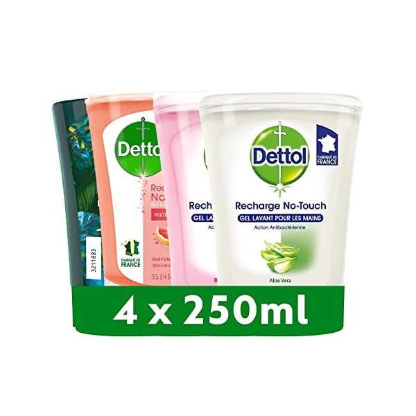 DETTOL - 4 Recharges No-Touch Savon Liquide Mains 250 ml - Action Nettoyante - Tropicale, Pamplemousse, Karité et Aloe Vera