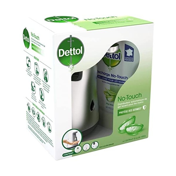 DETTOL No Touch kit - Distributeur Automatique Effet INOX et Gel Lavant Mains Aloe Vera