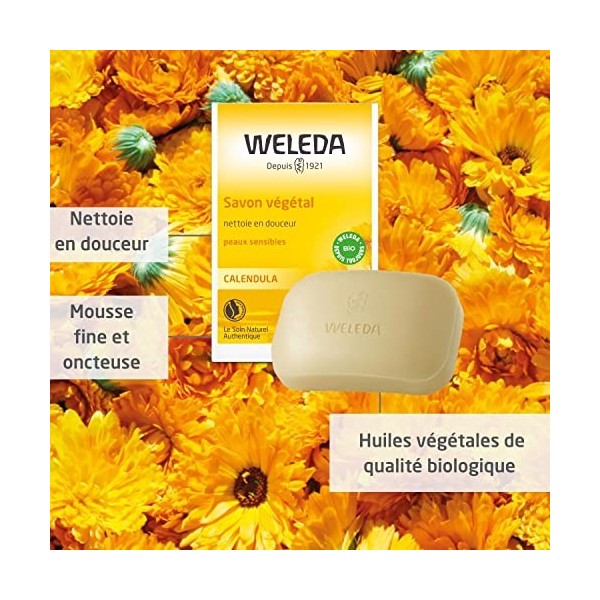 WELEDA - Savon Végétal au Calendula - Convient aux Peaux Sensibles et aux Enfants dès 3 ans - 100 % Naturel - 100 g