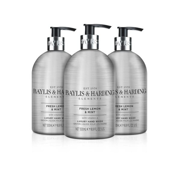 Baylis & Harding Elements Lot de 3 produits nettoyants pour les mains Citron et menthe 500 ml