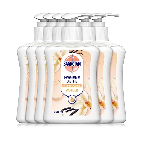 Sagrotan Savon à la main Extra Soin Vanille & Cashmere - Savon anti-bactérien - 6 x 250 ml Distributeur de savon dans un pack