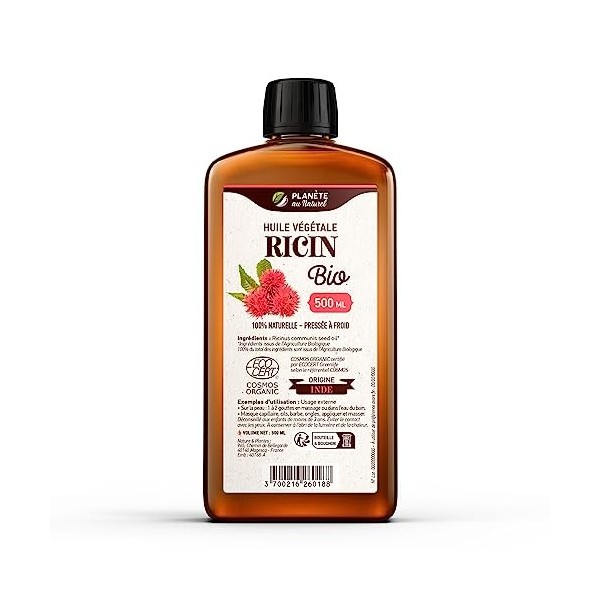 Huile de RICIN Bio 500 ml - Cosmos Organic - Planète au Naturel - 100% Naturelle et Pressée à froid - Peau, cheveux, cils, on