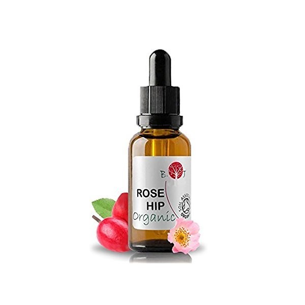 Huile Organique de Rose Musquée 30 ml flacon verre avec pipette Extra Vierge Pressée à Froid, Certifiée Biologique, 100% Pure