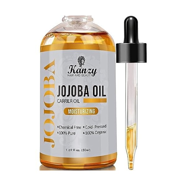 Kanzy Huile de Jojoba Bio Pressee a Froid 50𝐦𝐥 pour Visage, Corps, Cheveux, Ongles, et Peau 100% Pure et Naturelle Jojoba Oil