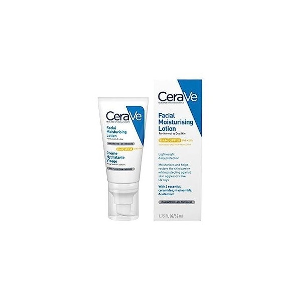 CeraVe Crème hydratante Visage SPF50, 52ml, Soin Visage à lAcide Hyaluronique pour les Peaux Normales à Sèches, Hydrate et P