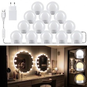 Dhnvcud Lumière de Miroir, 14Ampoules Hollywood Kit de Lumière LED Dimmable Lampe pour Miroir Cosmétique Salle de Bain 3 Coul