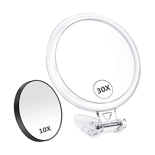 B Beauty Planet Miroir à main, miroir de maquillage pliable double face grossissant 1X/30x, avec ventouse grossissante 10x, k