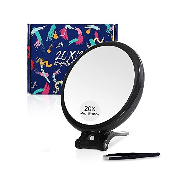 MOMOKUBA Miroir grossissant 20x / 1x Double Face avec Support, Miroir grossissant à Main pour Le Maquillage, Les Points Noirs