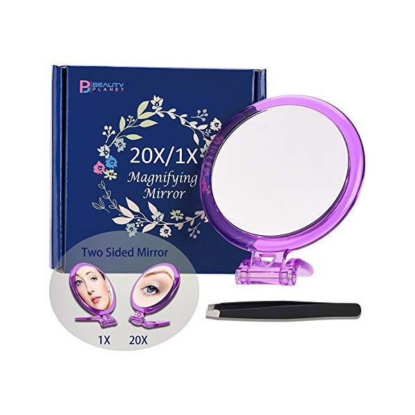 B Beauty Planet Miroir à Main avec Poignée,Miroir Double Face, Grossissement 20X/1X,Diamètre10cm Violet 