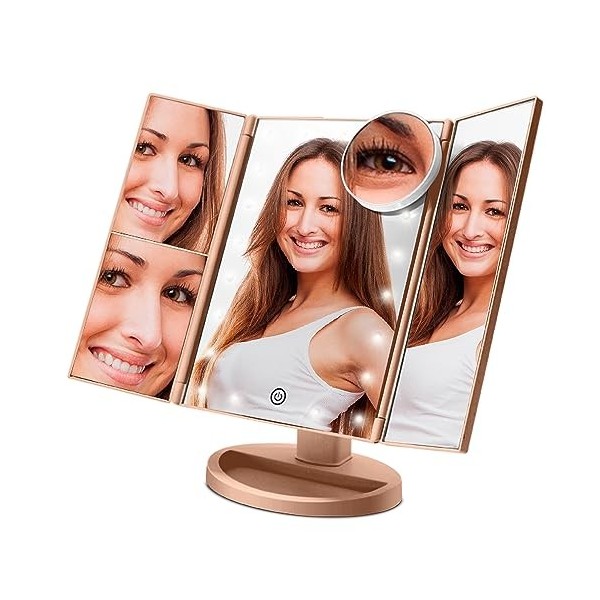 PORTENTUM Miroir Maquillage, Miroir Grossissant Triptyque avec 21pcs LED, Miroir Lumineux 2X, 3X, 10X avec Ecran Tactile, Ali