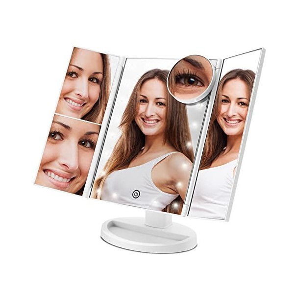 PORTENTUM Miroir Maquillage, Miroir Grossissant Triptyque avec 21pcs LED, Miroir Lumineux 2X, 3X, 10X avec Ecran Tactile, Ali