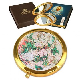 CARMANI - Pochette en bronze plaqué or, compact, voyage, miroir décoré de la peinture Van Gogh Roses roses dans un vase