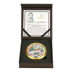 CARMANI - Pochette en bronze plaqué or, compact, voyage, miroir décoré de la peinture Van Gogh Roses roses dans un vase