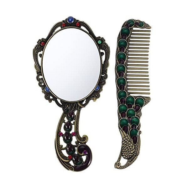 Holibanna Vintage Hand Mirror Comb Set Makeup Mirror Peacock Handheld Antique Mirror for Travel Relief Flower Small Vanity Mi