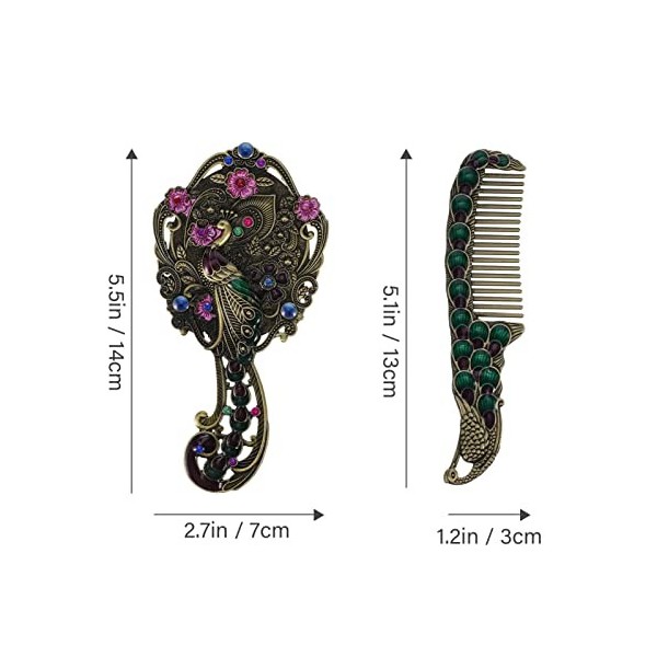 Holibanna Vintage Hand Mirror Comb Set Makeup Mirror Peacock Handheld Antique Mirror for Travel Relief Flower Small Vanity Mi