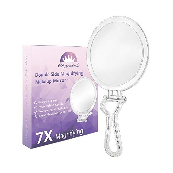 Cheftick Miroir à Main Double Face, Miroir de Maquillage grossissant 1X et 7X avec poignée Pliable réglable, Portable, Transp