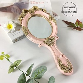 Miroir à main vintage de voyage avec poignée en résine Rose