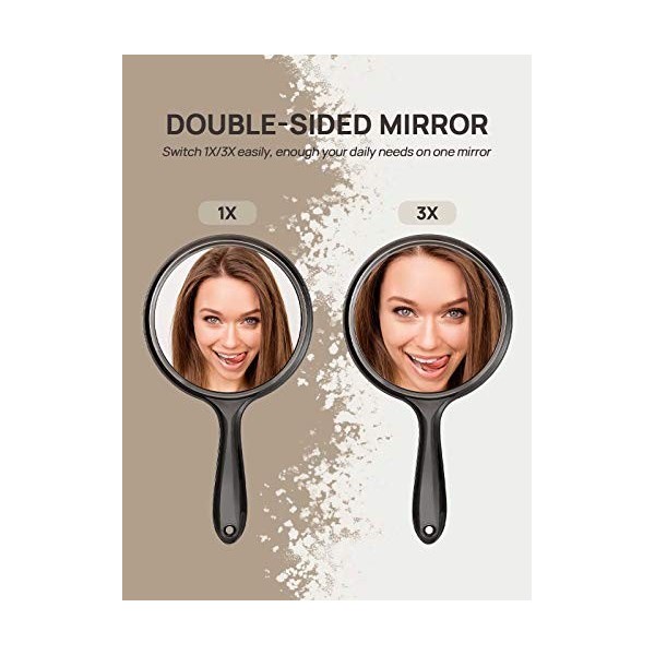 OMIRO Lot de 2 miroirs de poche double face grossissant 1X/3X avec poignée, noir transparent