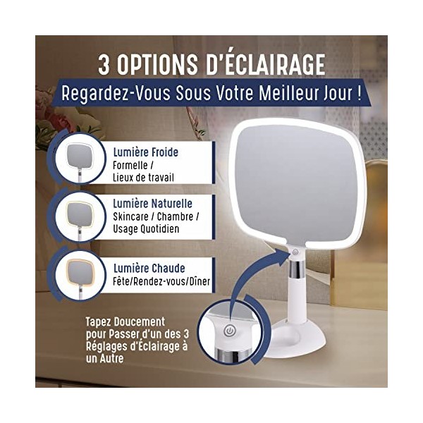 Mirrorvana® Miroir à Main avec Éclairage pour Les Voyages – avec Poignée Confortable et Support Amovible – Rechargeable avec 