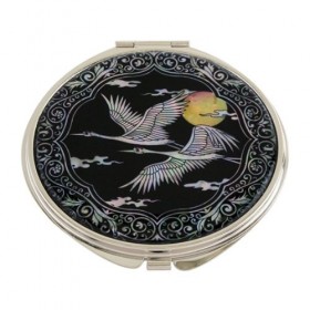 Mother of Pearl Bird and Yellow Moon Design Double Compact Magnifying Cosmetic Makeup Purse Beauty Pocket Mirror by Antique A