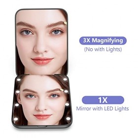 wobsion Miroir de maquillage de voyage éclairé par LED, 1x/3x à grossissement Miroir compact, Portable pour sac à main, poche