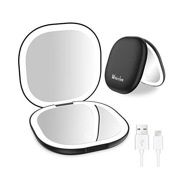 wobsion Miroir de Poche de Voyage avec Lumière, Miroir Grossissant Compact Rechargeable 1x/10x, Miroir Réglable à Gradation, 