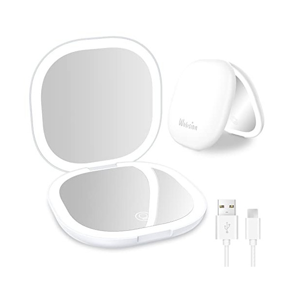 wobsion Miroir de Poche de Voyage avec Lumière, Miroir Grossissant Compact Rechargeable 1x/10x, Miroir Réglable à Gradation, 