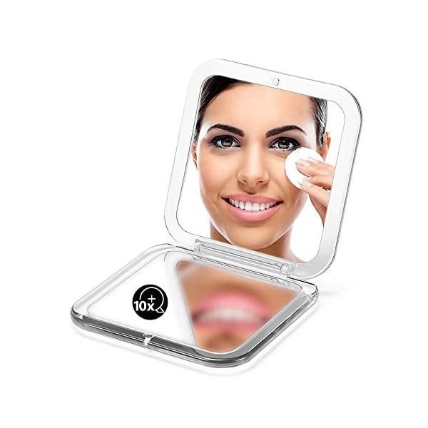 Miroir de poche compact grossissant x10, petit miroir de voyage pliable pour sac à main carré 8,9 cm argent 