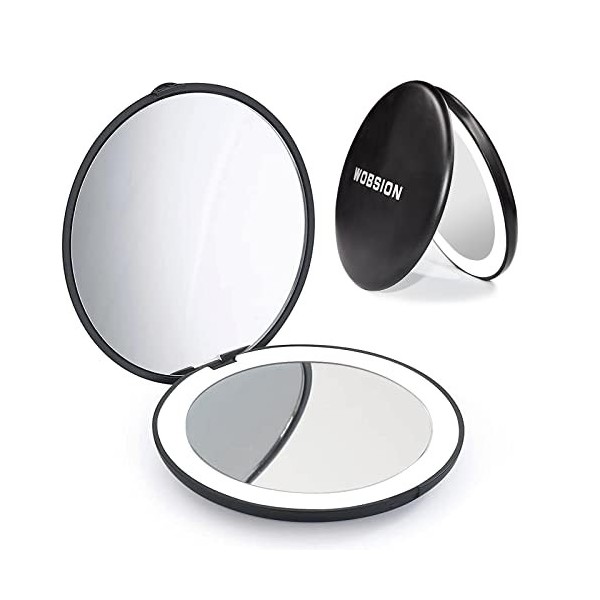 wobsion Miroir de Maquillage de Voyage éclairé par LED, 1x/10x à grossissement Miroir Compact, Portable pour Sac à Main, Poch