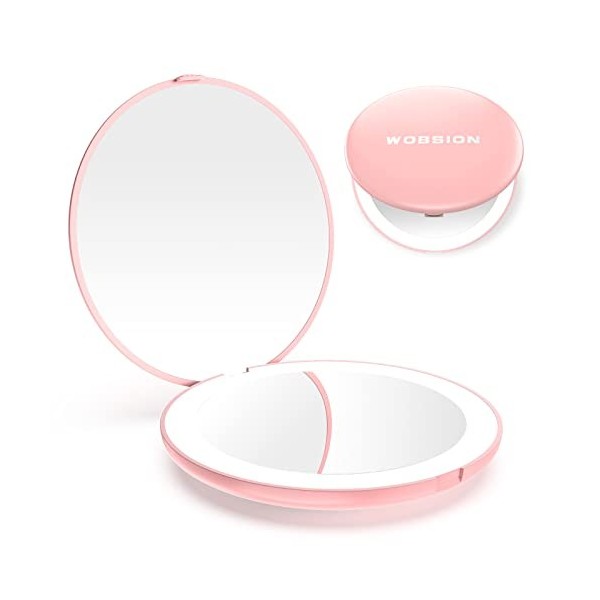 wobsion Miroir de Maquillage de Voyage éclairé par LED, 1x/10x à grossissement Miroir Compact, Portable pour Sac à Main, Poch