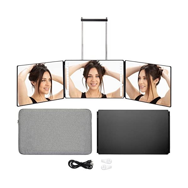 Miroir à 3 voies pour coupe de cheveux - Miroir à trois volets avec lumières LED - Système de découpe automatique