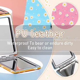 Lot de 4 miroirs de poche pour femme - Mini miroir de voyage - Marguerite - Double face - Pliable - Portable - En cuir synthé