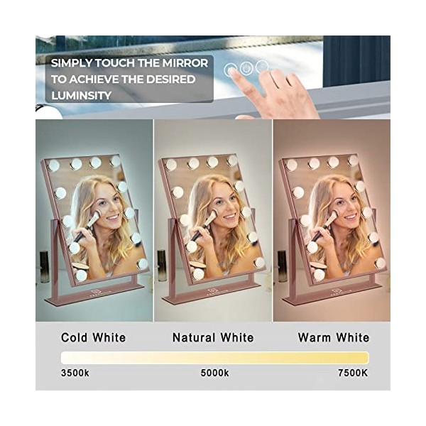 FENCHILIN Lighted Makeup Mirror Hollywood Mirror Vanity Makeup Mirror with Light Smart Touch Control 3Colors Dimable Light.
