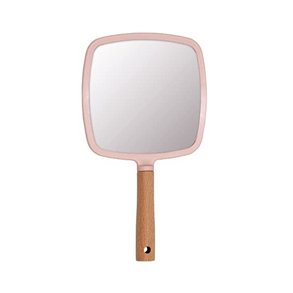 Eaoundm Miroir à main pour maquillage, petit miroir à main en bois portable pour homme et femme rose carré 