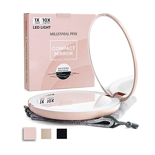 Mavoro Miroir de Maquillage De Voyage Éclairé par LED, Grossissement 1x/10x - LED Lumière du Jour, Miroir de Poche ou de Sac 