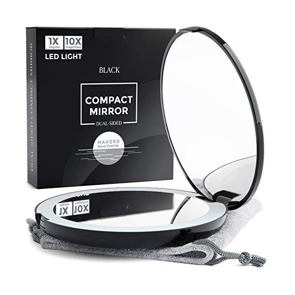 Mavoro Miroir de Maquillage De Voyage Éclairé par LED, Grossissement 1x/10x - LED Lumière du Jour, Miroir de Poche ou de Sac 