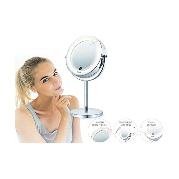 Beurer BS 55 Miroir cosmétique éclairé et chromé de haute qualité, lumière LED claire avec variateur, grossissement normal et