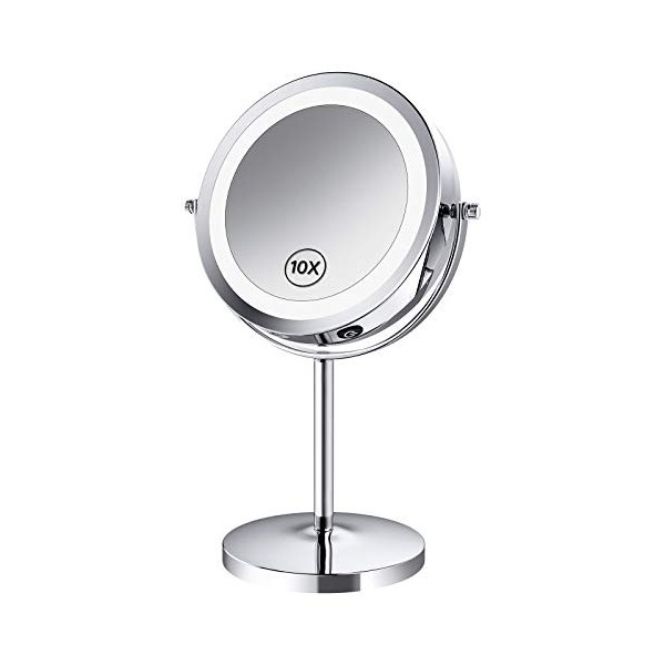 Benbilry Miroir de maquillage éclairé à LED - 17,8 cm - 1x/10x - Contrôle tactile - Miroir grossissant double face avec suppo