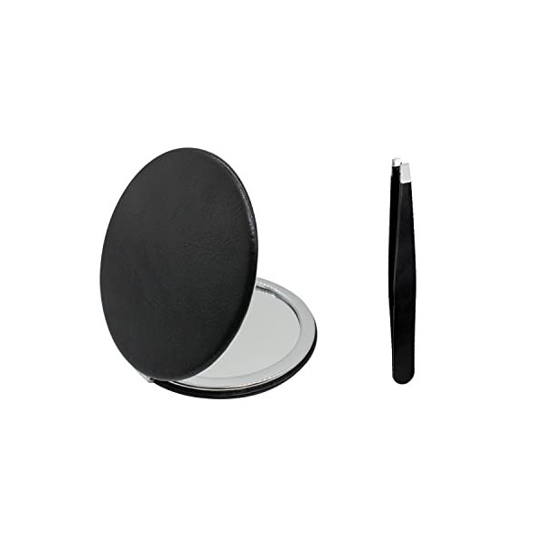 Andiker Miroir compact avec 1 pince à épiler, miroir de voyage pliable grossissant, 8 cm, élégant petit miroir noir pour maqu