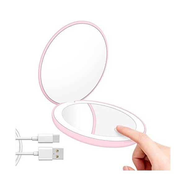 Sweetone Miroir de Poche LED Miroir Compact Grossissant, Grossissant 1x / 10x Miroir de Maquillage Lumineux, Compact et Porta