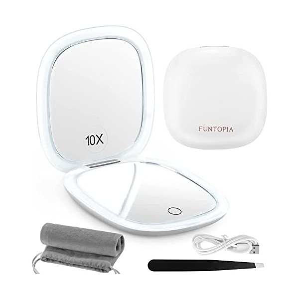 Funtopia Miroir compact grossissant 1X/10X avec lumières LED, 3 couleurs et luminosité double face, miroir portable rechargea